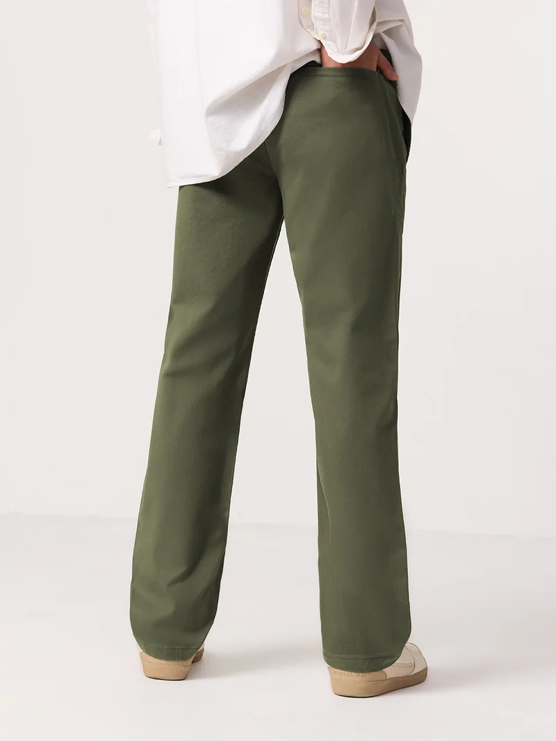 The Souled Store  The Souled Store: Chino Pants Men and Boys Basil Solid Cotton Spandex Straight Fit Stretch Zip Fly Belt Loops Durable Twill Chinos  | Best Price UAE