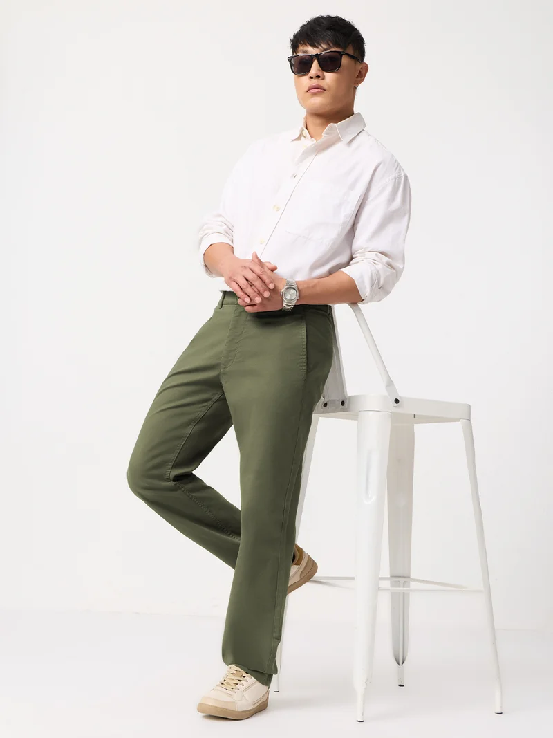 The Souled Store  The Souled Store: Chino Pants Men and Boys Basil Solid Cotton Spandex Straight Fit Stretch Zip Fly Belt Loops Durable Twill Chinos  | Best Price UAE