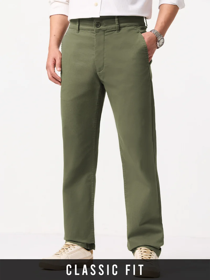 The Souled Store: Chino Pants Men and Boys Basil Solid Cotton Spandex Straight Fit Stretch Zip Fly Belt Loops Durable Twill Chinos