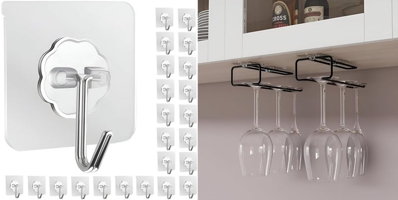 Stainless Steel Adhesive Hooks 15 Pack Durable Kitchen Wall Hooks SelfAdhesive Wine Glass RackHolder Upside Down Glass Hanging Shelves Organizer 