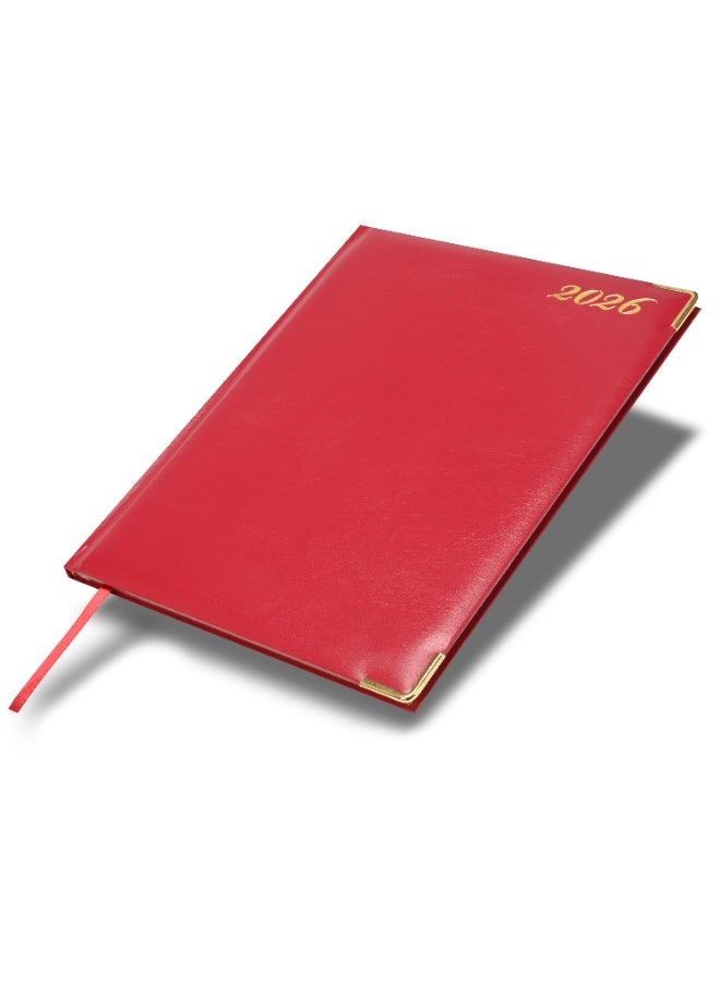 FIS 2026 Executive Diary, Size 210x260mm, Golden Edition, Hard Cover Vinyl, 1 Side Padded, Gold Gilded Edges, Round Corners, English/French, 70gsm White Paper, Maroon Cover-FSDI32EG26MR - Image 1