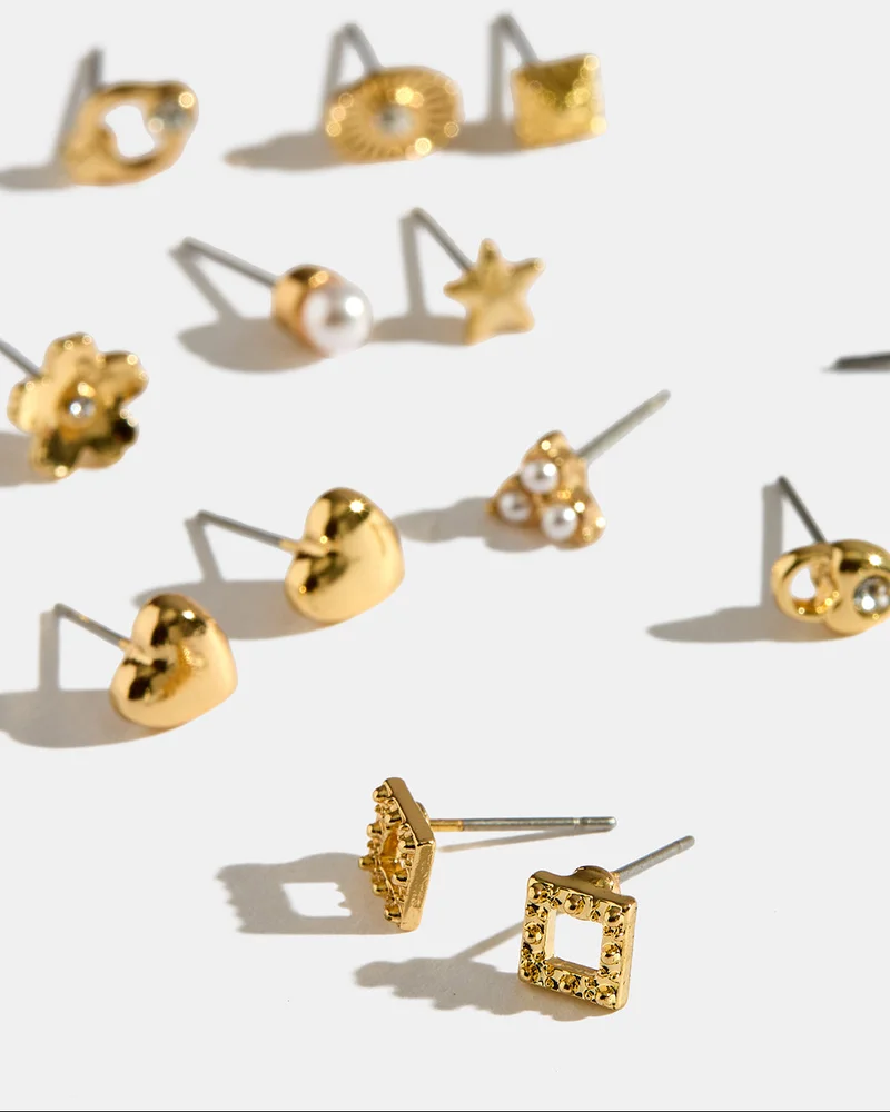 REDTAG Women Gold Embellished Studs Set (12 Piece)