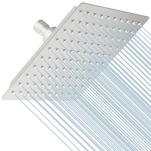 BESy 8 Inch Rain Shower Head, 8" Square Rainfall & High Pressure Stainless Steel Bath Shower Head, 1/16" Ultra Thin, Waterfall Full Body Coverage with Silicone Nozzle, Non Fingerprint Brushed Finish - Image 1