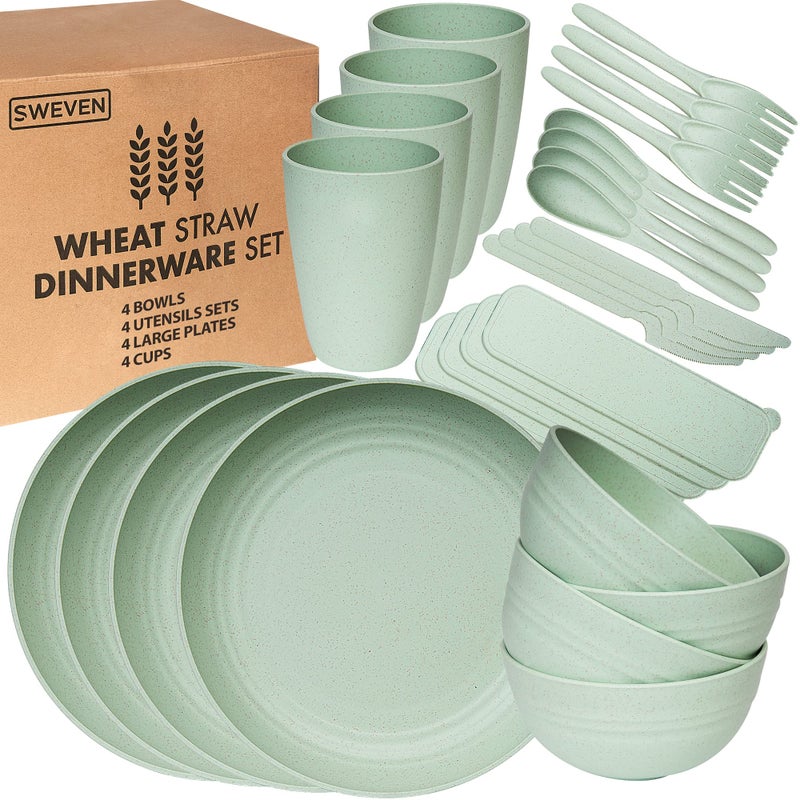 SWEVEN Wheat Straw Dinnerware Sets (28 pcs) | Unbreakable Dinnerware Sets | Dishwasher Microwave Safe Dinnerware | Eco Friendly Non Breakable Dinnerware Sets | Plates, Bowls, Cups, Cutlery | Dish Set for 4 - Image 1