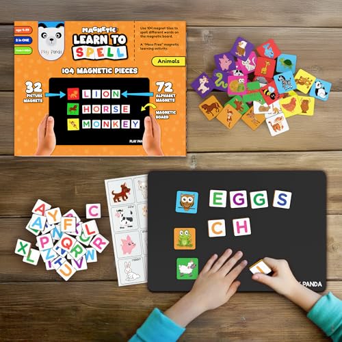 PLAY PANDA Magnetic Learn to Spell Animals with 104 Magnetic Tiles, Educational Magnetic Board Game for Kids with Picture and Alphabet Magnets for Spelling Practice - Image 2