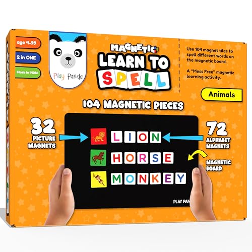 PLAY PANDA Magnetic Learn to Spell Animals with 104 Magnetic Tiles, Educational Magnetic Board Game for Kids with Picture and Alphabet Magnets for Spelling Practice - Image 1