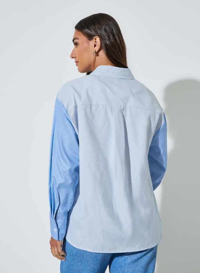 Styli Blue Stripe Color Block Long Sleeve Shirt - Image 5