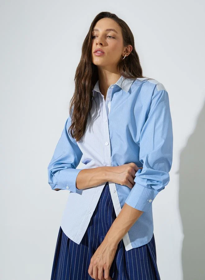 Styli Blue Stripe Color Block Long Sleeve Shirt