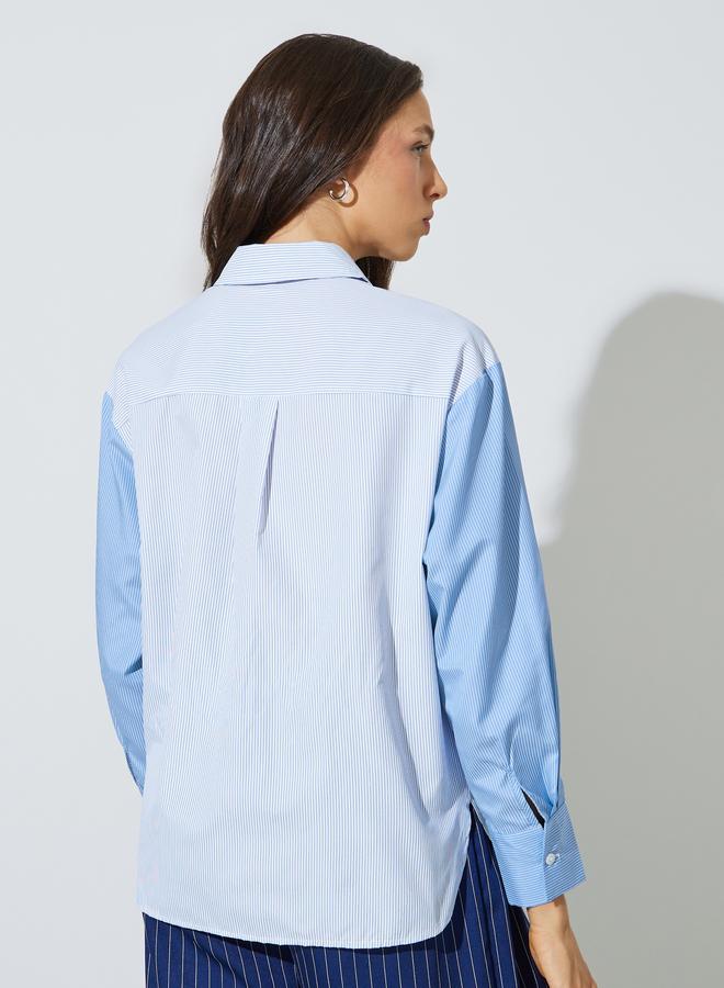 Styli Blue Stripe Color Block Long Sleeve Shirt - Image 4