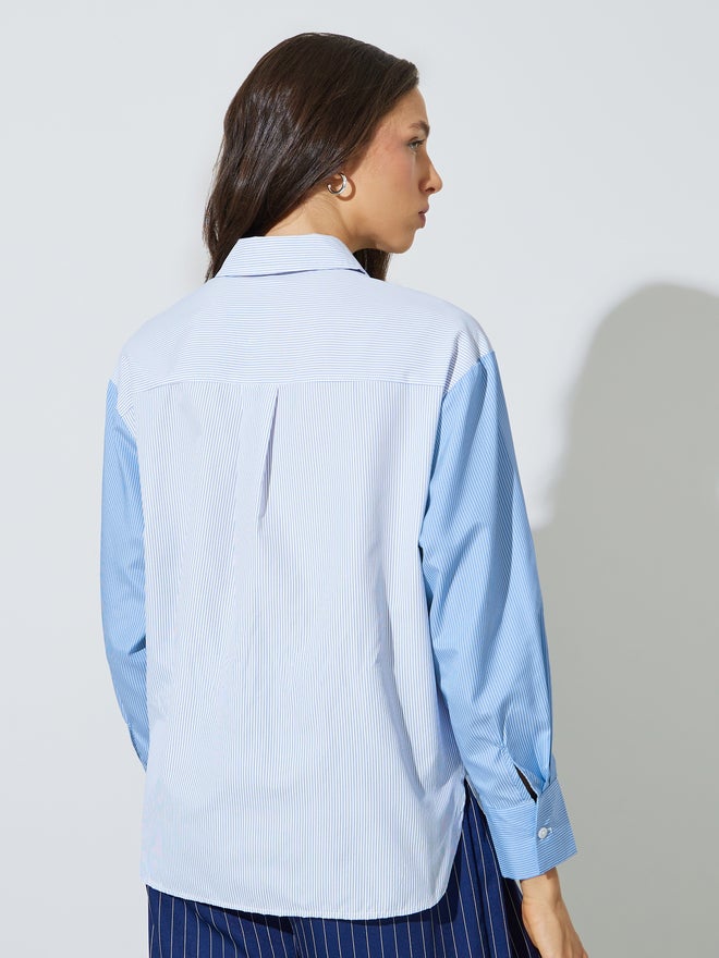 Styli Blue Stripe Color Block Long Sleeve Shirt - Image 5