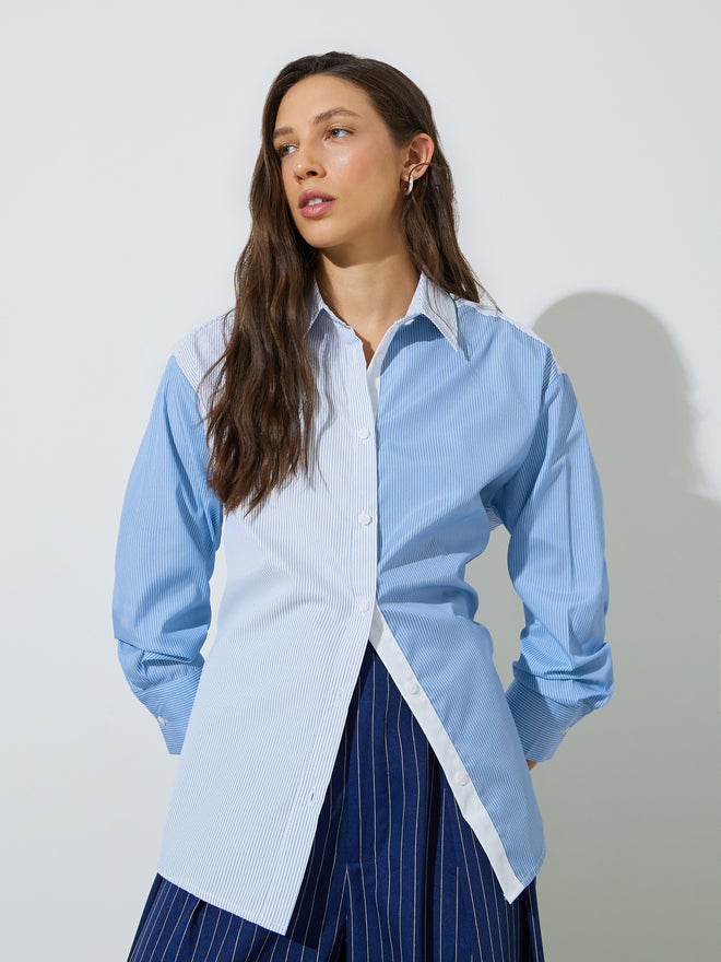 Styli Blue Stripe Color Block Long Sleeve Shirt - Image 3