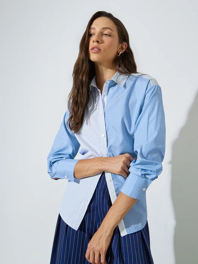 Styli Styli Blue Stripe Color Block Long Sleeve Shirt