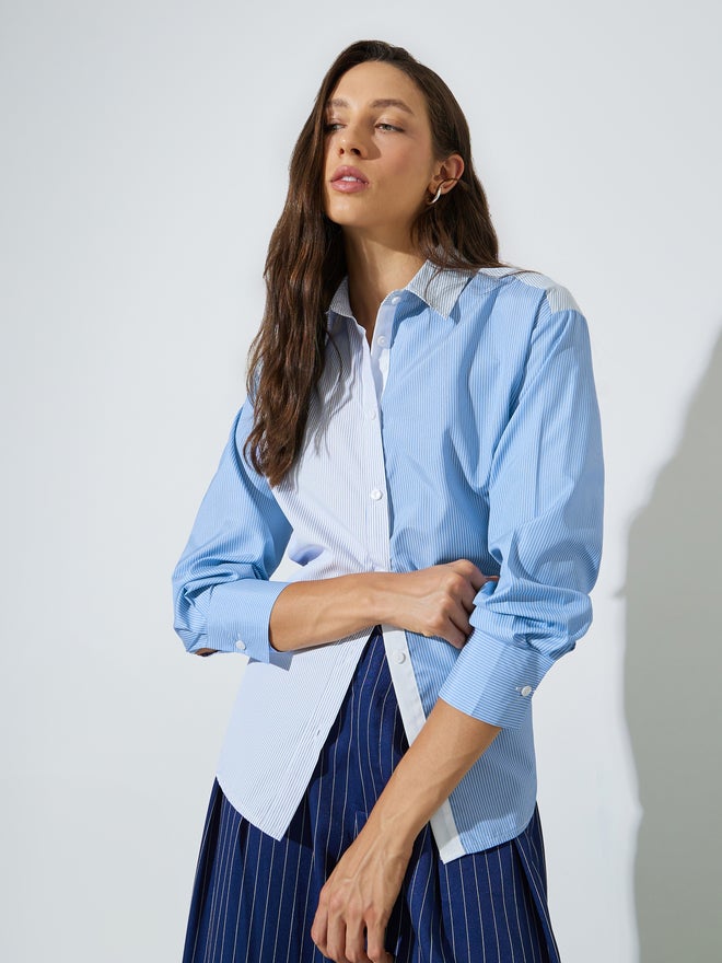 Styli Blue Stripe Color Block Long Sleeve Shirt - Image 1