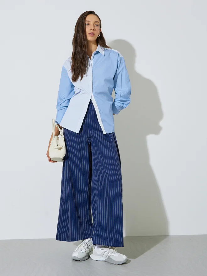 Styli Styli Blue Stripe Color Block Long Sleeve Shirt