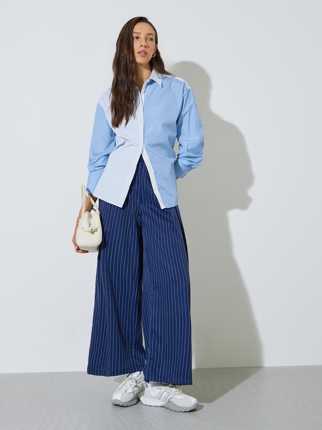 Styli Blue Stripe Color Block Long Sleeve Shirt - Image 2