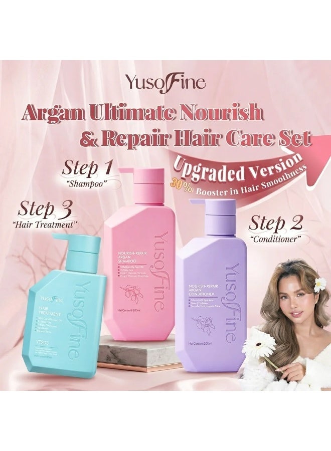 YusoFine Argan Smoothness Booster Hair Care Trio Shampoo Conditioner and Treatment Featuring an upgraded formula designed to improve hair smoothness, this complete care trio nourishes deeply, controls frizz, repairs split ends, and helps achieve a sleek, polished appearance with lasting softness. - Image 2
