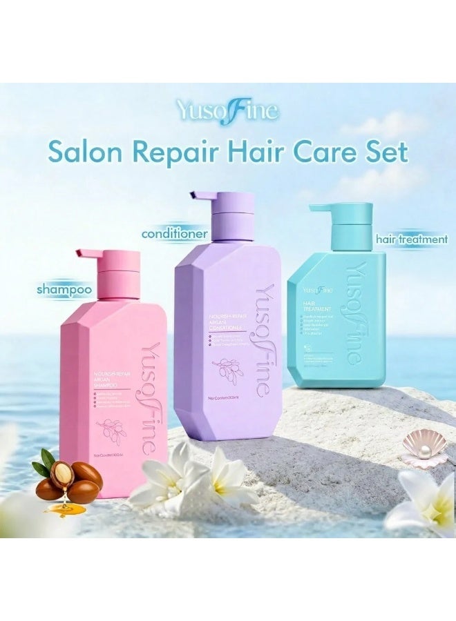 YusoFine Argan Smoothness Booster Hair Care Trio Shampoo Conditioner and Treatment Featuring an upgraded formula designed to improve hair smoothness, this complete care trio nourishes deeply, controls frizz, repairs split ends, and helps achieve a sleek, polished appearance with lasting softness. - Image 1