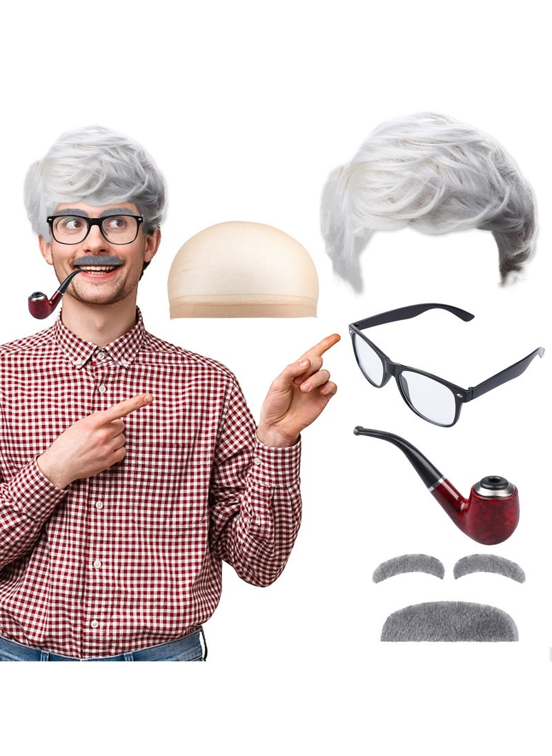 Captaintech Old Man Costume Set, 6 Pcs Grandpa Wig Costume Kit, Cosplay Costume Set Including Wig Cap/Wig/Glasses/Fake Beard/Faux Eyebrows/Pipe, for Cosplay Costume/Party Props/Masquerade Accessories  - Image 1