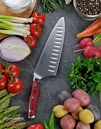 Ergo Chef سكين الطهاة Ergo Chef Crimson Series 8 بوصة - شفرة فولاذية ألمانية مقاومة للصدأ عالية الكربون X50CrMoV15 مع مقبض G10 مريح لقطع دقيق - Image 4