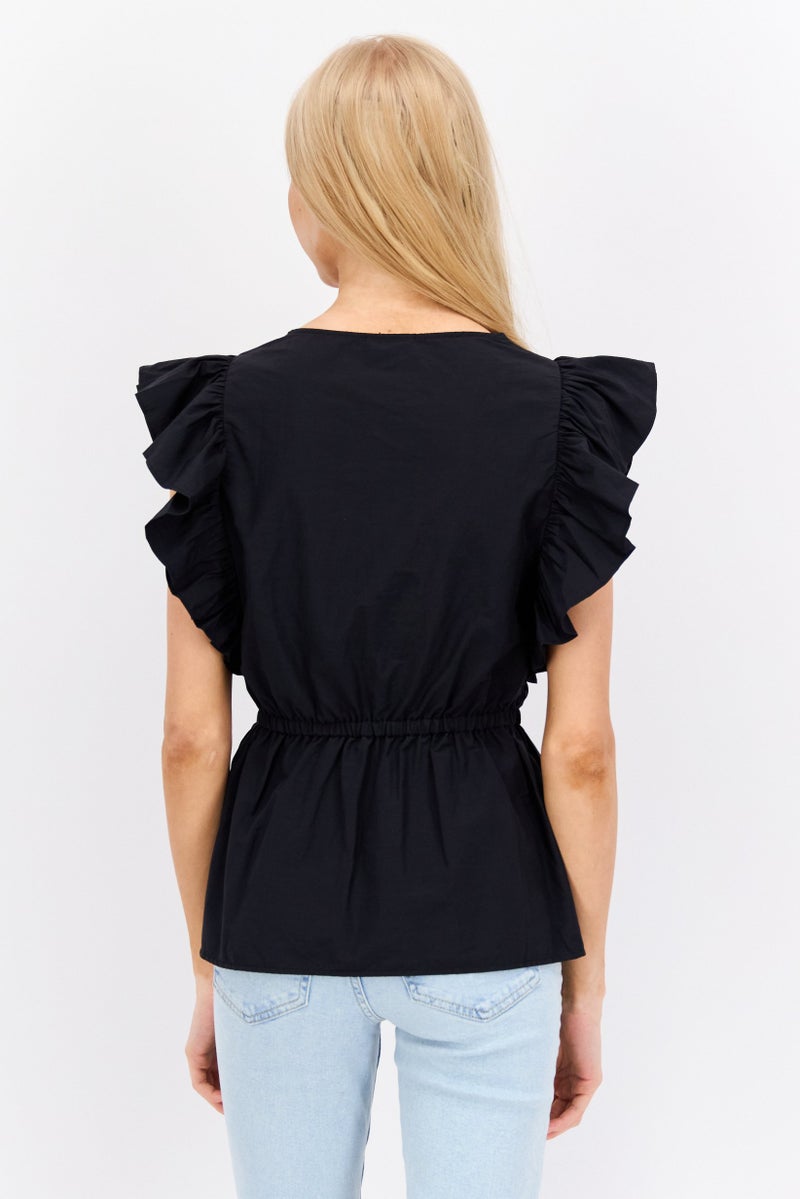 VERO MODA بلوزة نسائية بأكمام متطايرة من Aware By Vero Moda، ياقة قارب، سوداء - Image 2