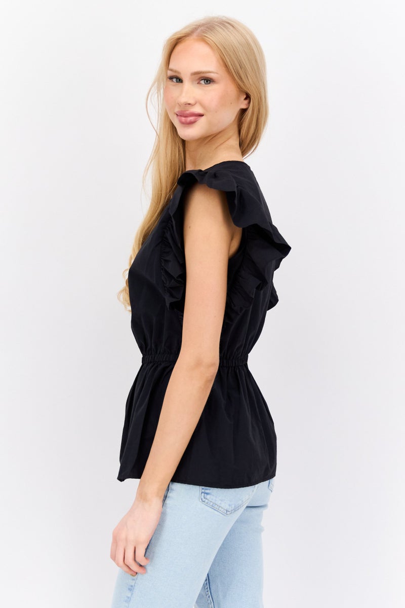 VERO MODA بلوزة نسائية بأكمام متطايرة من Aware By Vero Moda، ياقة قارب، سوداء - Image 3