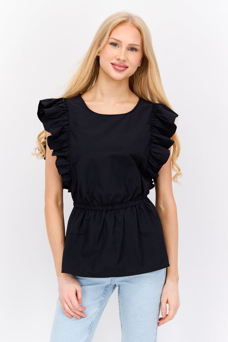 VERO MODA بلوزة نسائية بأكمام متطايرة من Aware By Vero Moda، ياقة قارب، سوداء - Image 1