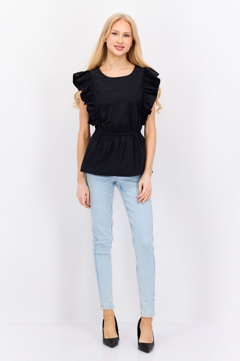 VERO MODA بلوزة نسائية بأكمام متطايرة من Aware By Vero Moda، ياقة قارب، سوداء - Image 4