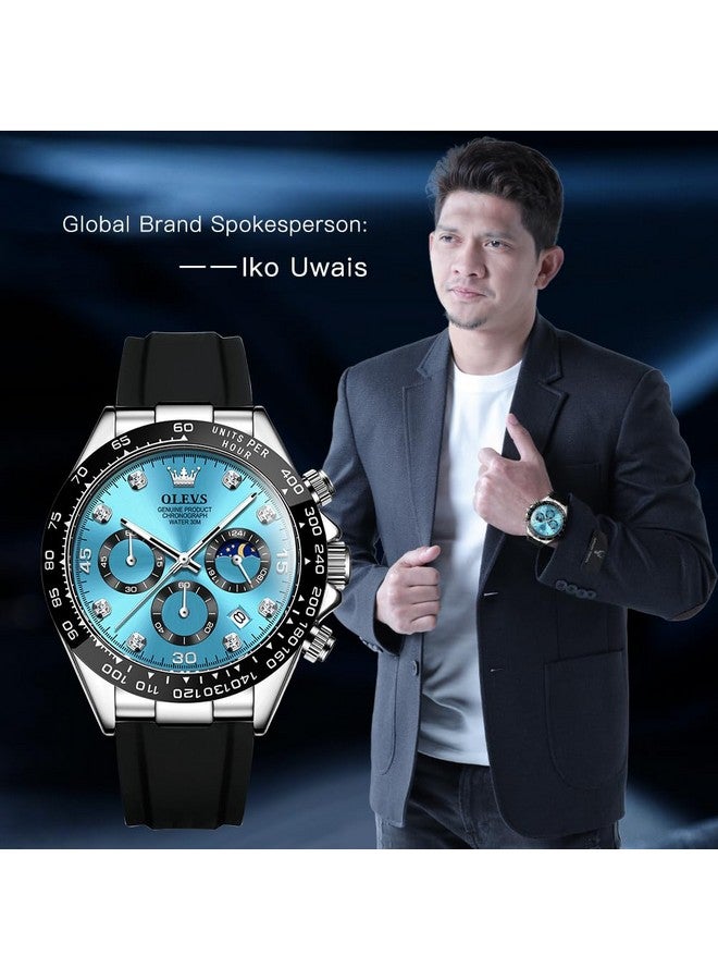 أوليفز Watches for Men Analog Quartz Chronograph Watch Moon Phase Waterproof Black Silicone Diamond Dress Luminous Easy Reader Wrist Watches Silver Blue - Image 2