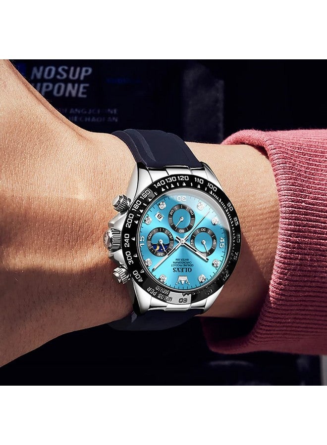 أوليفز Watches for Men Analog Quartz Chronograph Watch Moon Phase Waterproof Black Silicone Diamond Dress Luminous Easy Reader Wrist Watches Silver Blue - Image 4