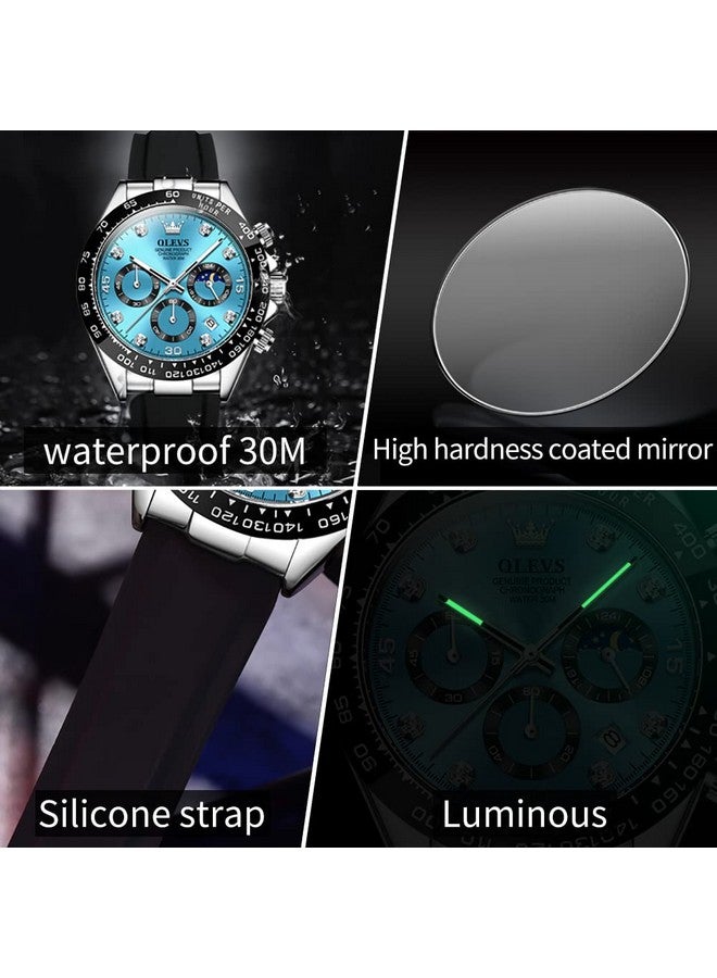 أوليفز Watches for Men Analog Quartz Chronograph Watch Moon Phase Waterproof Black Silicone Diamond Dress Luminous Easy Reader Wrist Watches Silver Blue - Image 5