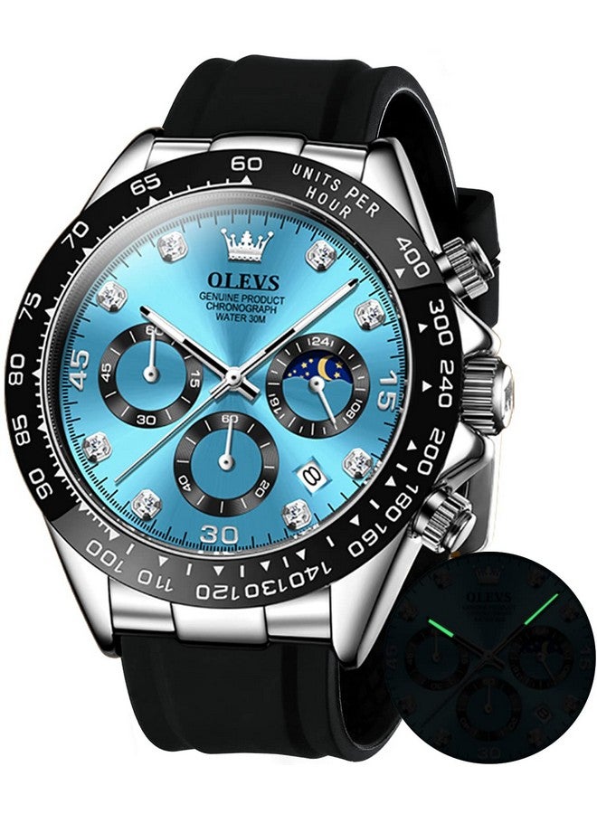 أوليفز Watches for Men Analog Quartz Chronograph Watch Moon Phase Waterproof Black Silicone Diamond Dress Luminous Easy Reader Wrist Watches Silver Blue - Image 1