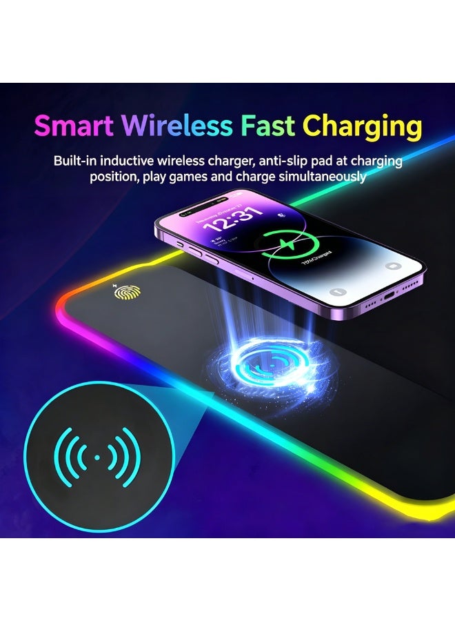 Youque RGB Gaming Mousepad with Wireless Charging 15W - 4MM Thickness, Large Desk Mat/Mouse Pad 800x300x4mm, 10 Light Modes Keyboard Pad with Non-Slip Rubber Base, Waterproof Mousepad for Gaming PC MacBook Laptop - Image 2