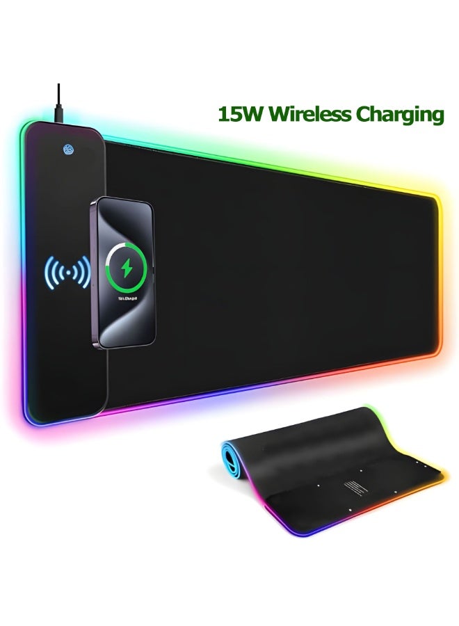 Youque RGB Gaming Mousepad with Wireless Charging 15W - 4MM Thickness, Large Desk Mat/Mouse Pad 800x300x4mm, 10 Light Modes Keyboard Pad with Non-Slip Rubber Base, Waterproof Mousepad for Gaming PC MacBook Laptop - Image 1