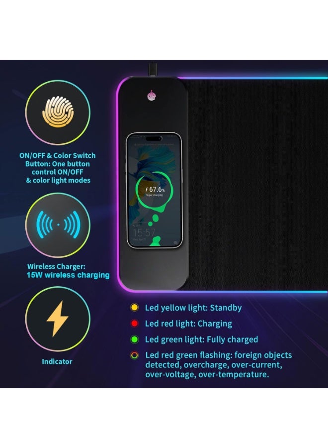 Youque RGB Gaming Mousepad with Wireless Charging 15W - 4MM Thickness, Large Desk Mat/Mouse Pad 800x300x4mm, 10 Light Modes Keyboard Pad with Non-Slip Rubber Base, Waterproof Mousepad for Gaming PC MacBook Laptop - Image 5