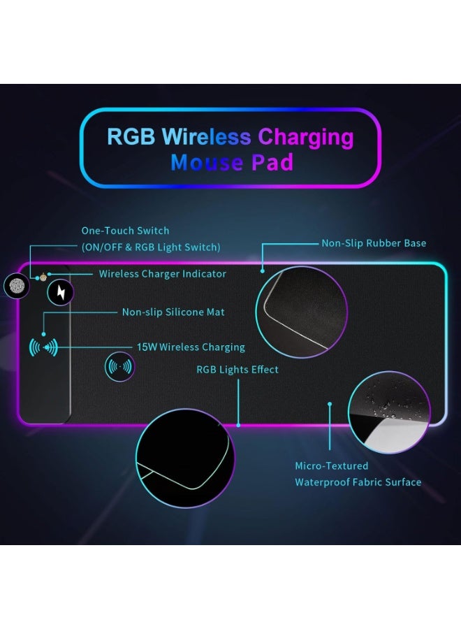 Youque RGB Gaming Mousepad with Wireless Charging 15W - 4MM Thickness, Large Desk Mat/Mouse Pad 800x300x4mm, 10 Light Modes Keyboard Pad with Non-Slip Rubber Base, Waterproof Mousepad for Gaming PC MacBook Laptop - Image 4