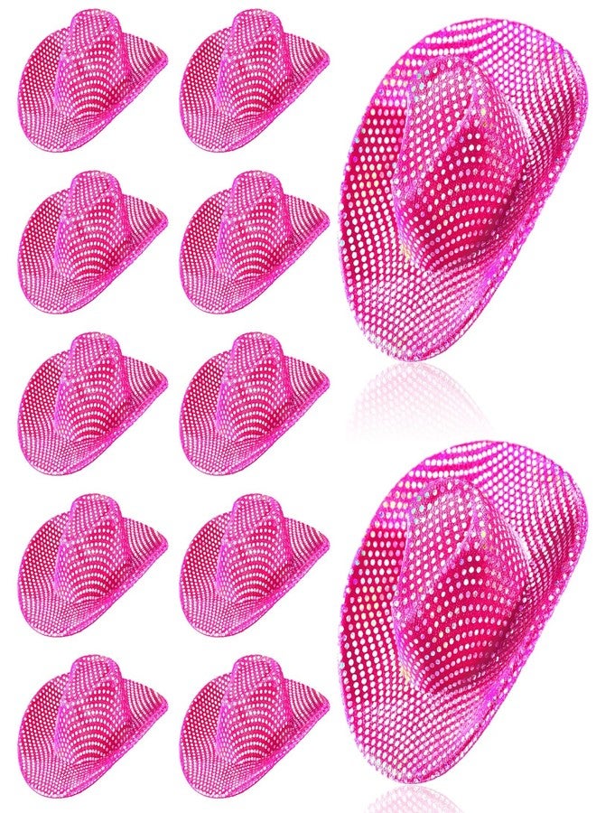 Sotiff Mini Disco Cowboy Hat Tiny Light up Holographic Space Glitter Hat Neon Party Decor for Party, 12 Pcs(Rose Red) - Image 1