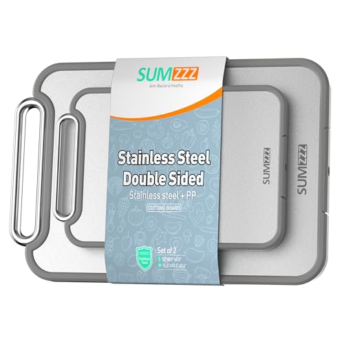 Sumzzz Stainless Steel Cutting Board for Kitchen, 2-in-1 Double-Sided Chopping Board, Food Grade Stainless Steel/PP (Silver, Set of 2(S+M)) - Image 1