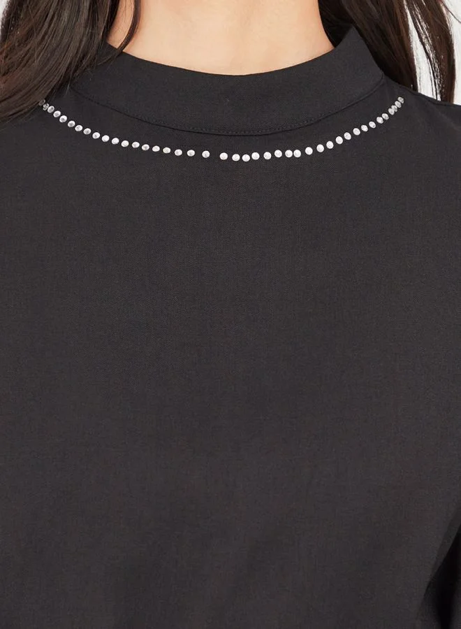 Styli Stud Detail High Neck Longline Top and Trouser Set with Self Tie Belt