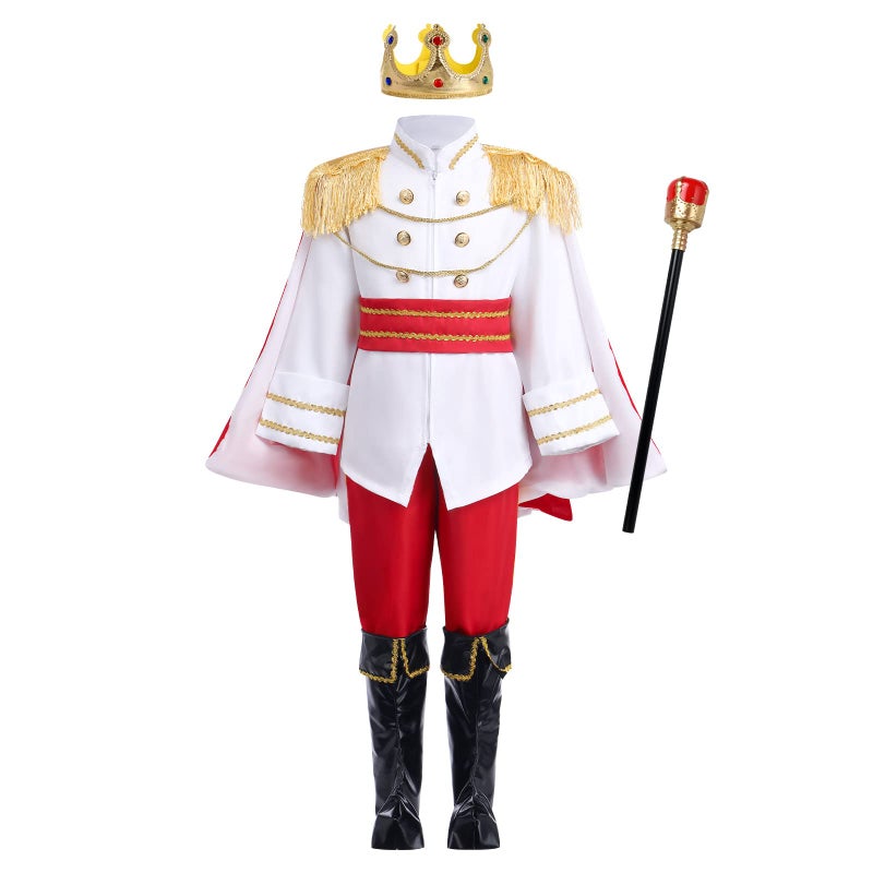 Prince Charming Boys King Costume Toddlers Kids 34 Years Halloween Royal Outfit with Belt Scepter Crown Robe Red Cape 7PCS Set