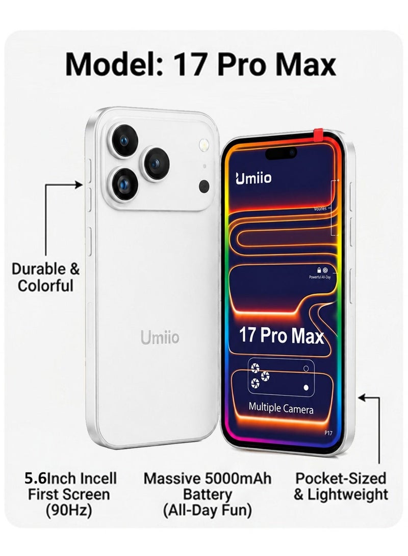 Umiio Mini Smartphone 5.6 Inch Incell Display Dual SIM 17 Pro Max Android Cell Phone Rear And Front Camera, Compact Small Size Android Dual SIM Wi-Fi GPS Supported Small Mobile Phone - White - Image 5