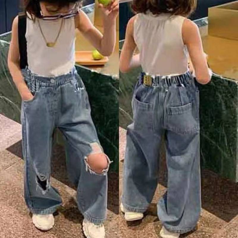 Girls' Jeans Ripped Loose Stylish Distressed Pants Internet Celebrity Straight Pants - Image 1