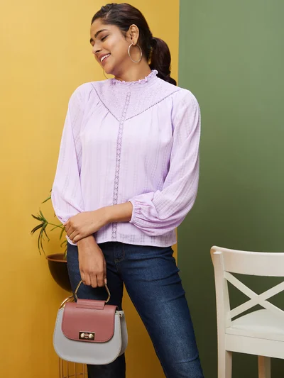 globus Women Lavender High Neck Puff Sleeves Smocked Georgette Top