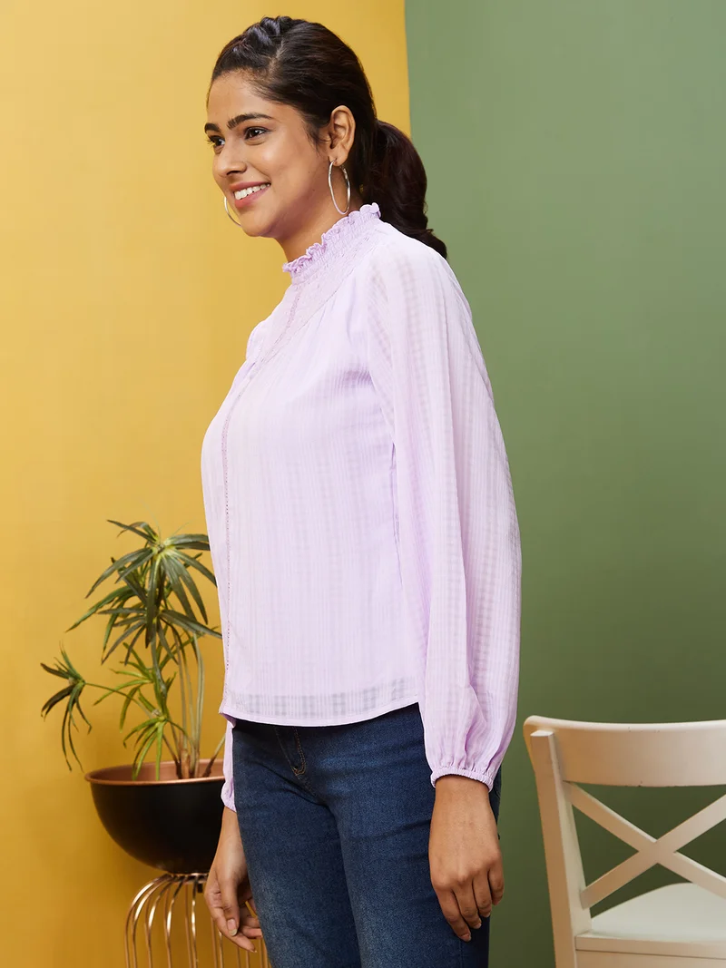 globus Women Lavender High Neck Puff Sleeves Smocked Georgette Top