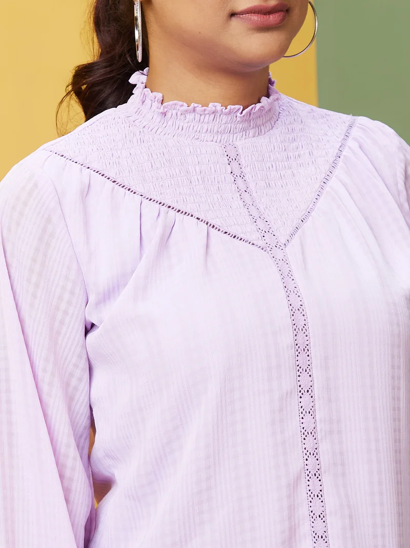 globus Women Lavender High Neck Puff Sleeves Smocked Georgette Top