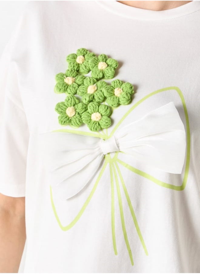 2Xtremz - 2Xtremz Floral Applique Crew Neck Top with Bow Detail - Image 1