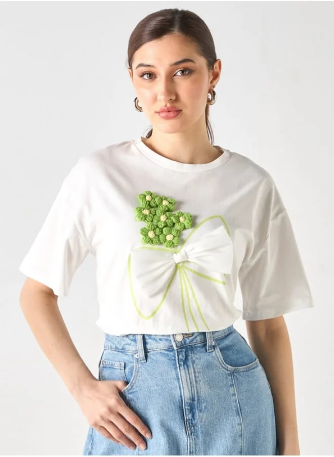 2Xtremz 2Xtremz Floral Applique Crew Neck Top with Bow Detail