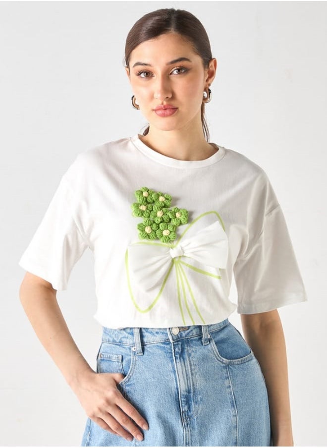 2Xtremz - 2Xtremz Floral Applique Crew Neck Top with Bow Detail - Image 1
