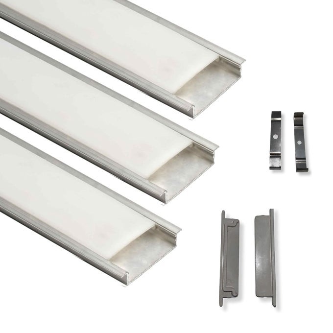 LIGHTING 50X12MM LED STRIP LIGHT 1METER ALUMINIUM RECTANGULAR CONCILED PROFILE LIGHT CHANNELS WITH DIFFUSED COVER END CAPS AND MOUNTING CLIPS WITHOUT LED STRAIGHT LINEAR PACK OF 3
