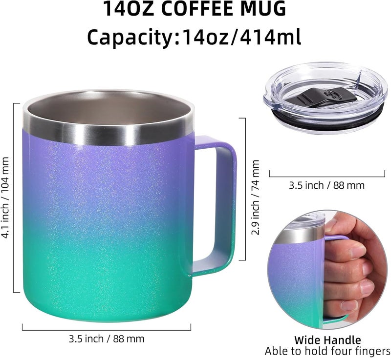 Volhoply 14oz Insulated Stainless Steel Coffee Mug with Lid, Bulk 2 Pieces, Double Wall Vacuum Travel Coffee Cup with Handle, Reusable Cups Tumbler, Camping Mugs Keep Warm, Ideal Gifts - Image 2