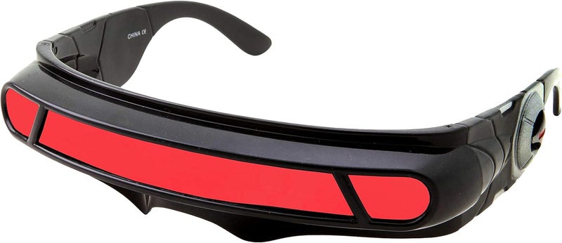grinderPUNCH Futuristic Space Alien Costume Sunglasses Cyclops Shield Party Mirror Mono Lens 2 Pack (Yellow - Red Lens) - Image 1